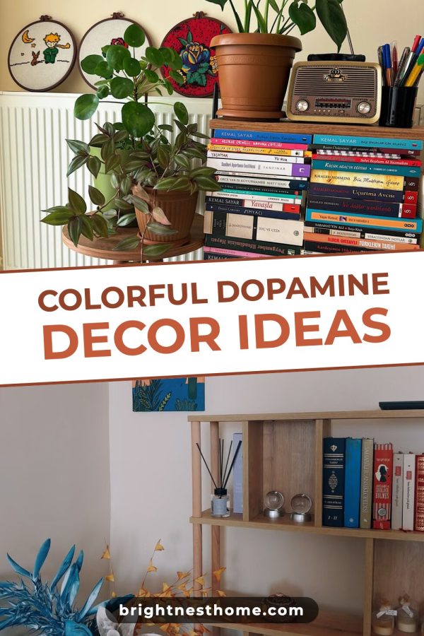 Tilted Band Aesthetic Pinterest Templates example: a home decor pin titled "Colorful Dopamine Decor Ideas"