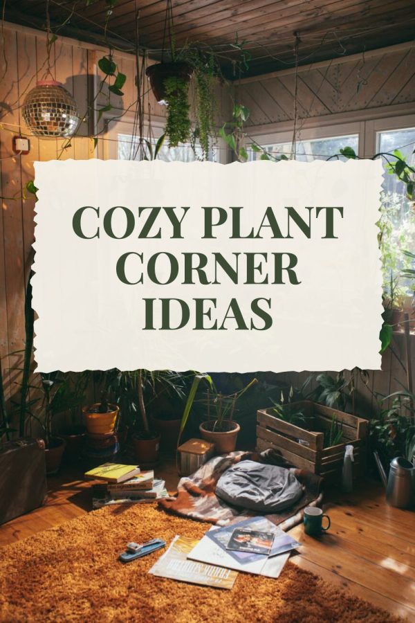 Torn Paper Badge Aesthetic Pinterest Templates example: a home decor pin titled "Cozy Plant Corner Ideas"
