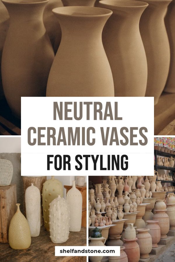 Strip Over Box Aesthetic Pinterest Templates example: a home decor pin titled "Neutral Ceramic Vases for Styling"