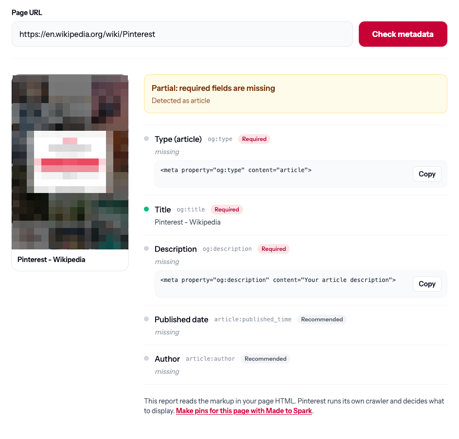 Rich Pins validator report showing partial Article markup: og:type and og:description missing, with the suggested meta tags to copy