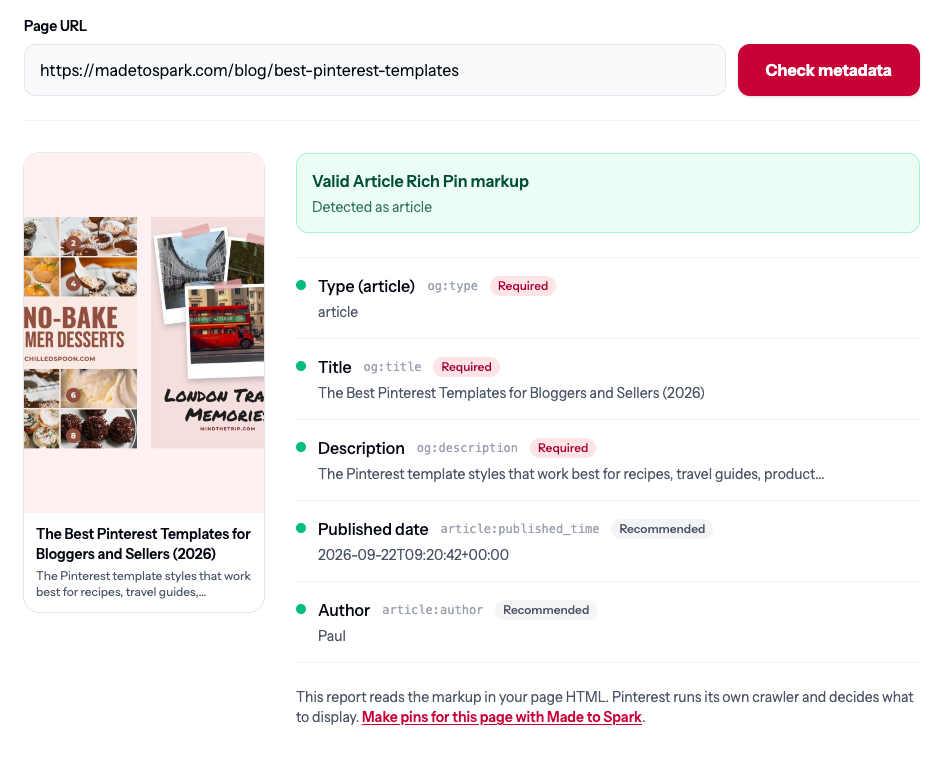 Rich Pins validator report for a blog post: valid Article Rich Pin markup, with type, title, description, published date and author all found