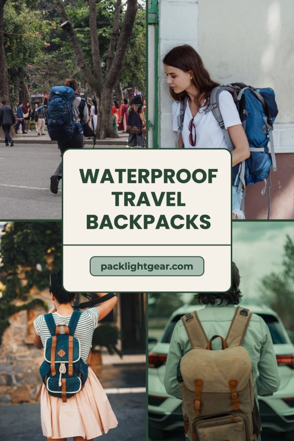 Framed Card + Pill Canva Pinterest Templates example: a product pin titled "Waterproof Travel Backpacks"