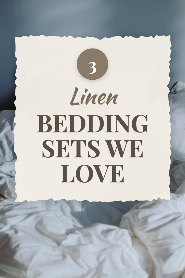 Torn Paper Badge Canva Pinterest Templates example: a home product pin titled "3 Linen Bedding Sets We Love"