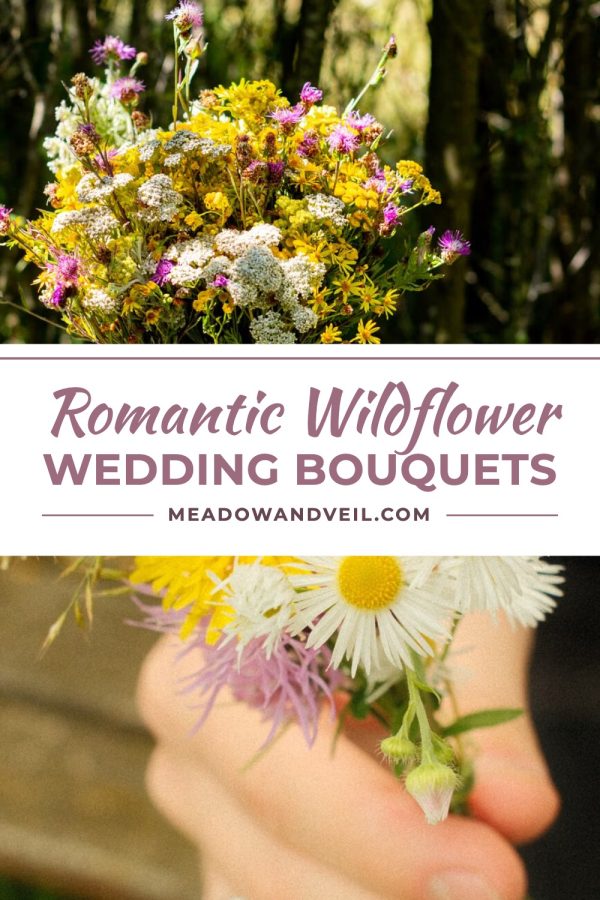 Ruled Script Band Canva Pinterest Templates example: a wedding pin titled "Romantic Wildflower Wedding Bouquets"