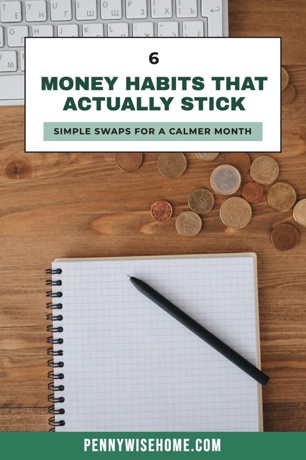 Outlined Box + CTA Canva Pinterest Templates example: a personal finance pin titled "6 Money Habits That Actually Stick"