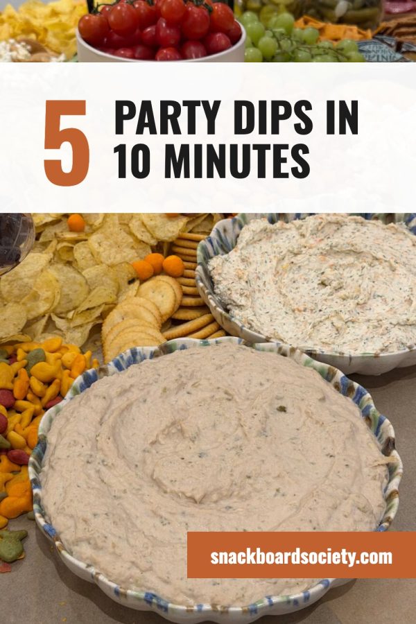 Big Number Header Canva Pinterest Templates example: a recipe roundup pin titled "5 Party Dips in 10 Minutes"