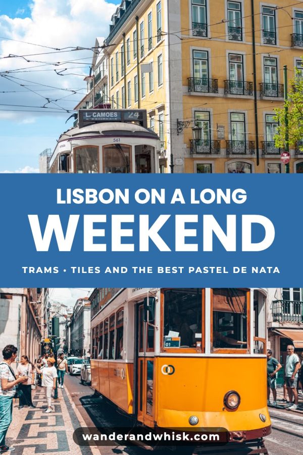 Bold Middle Band Canva Pinterest Templates example: a travel pin titled "Lisbon on a Long Weekend"
