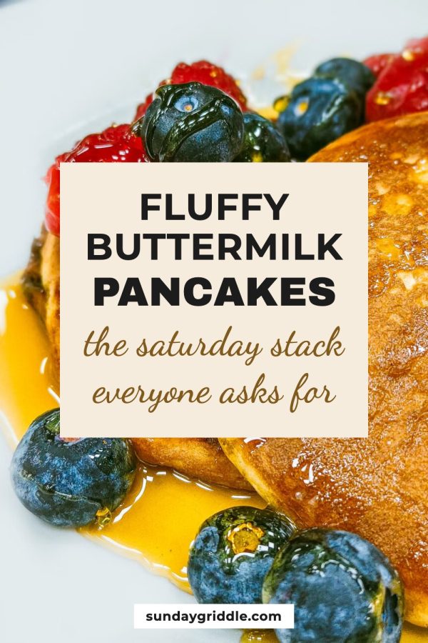 Square Panel + Script Canva Pinterest Templates example: a breakfast recipe pin titled "Fluffy Buttermilk Pancakes"