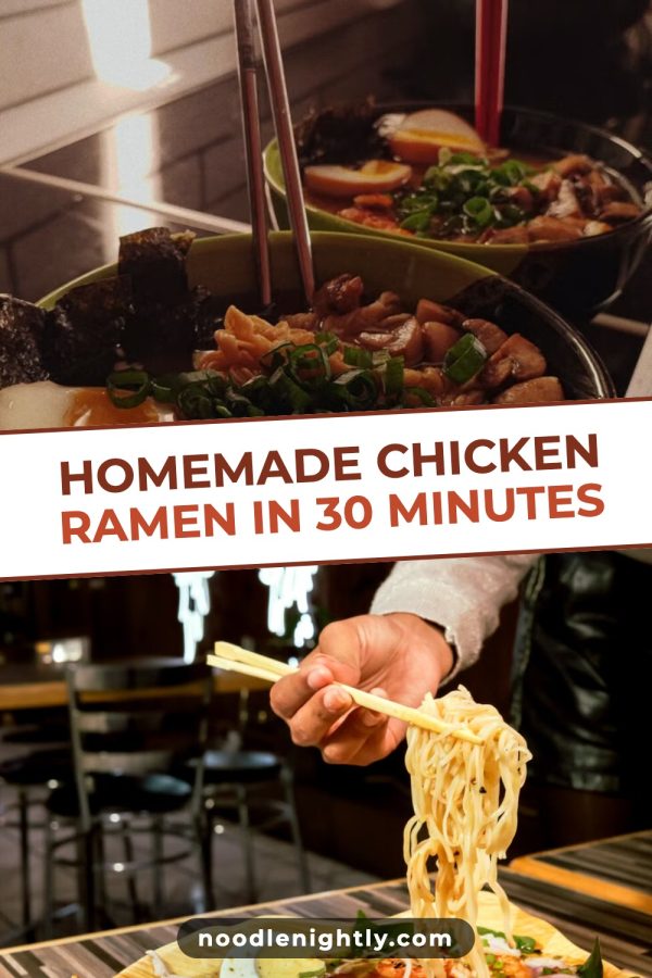 Tilted Band Canva Pinterest Templates example: a recipe pin titled "Homemade Chicken Ramen in 30 Minutes"