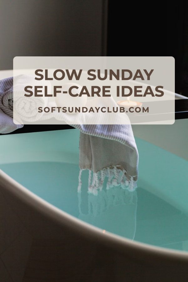 Minimal Centered Title Canva Pinterest Templates example: a self-care pin titled "Slow Sunday Self-Care Ideas"