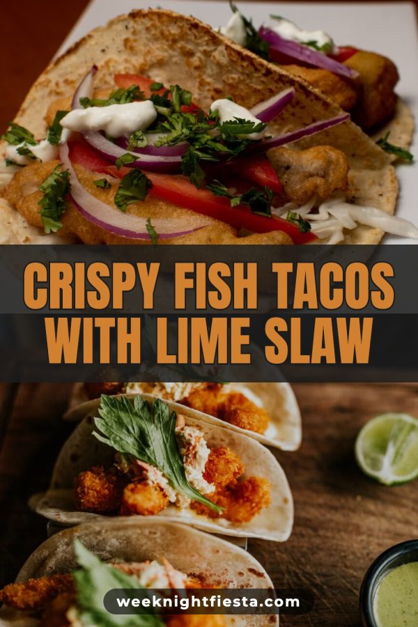 Dark Band + Outlined Caps Canva Pinterest Templates example: a recipe pin titled "Crispy Fish Tacos With Lime Slaw"