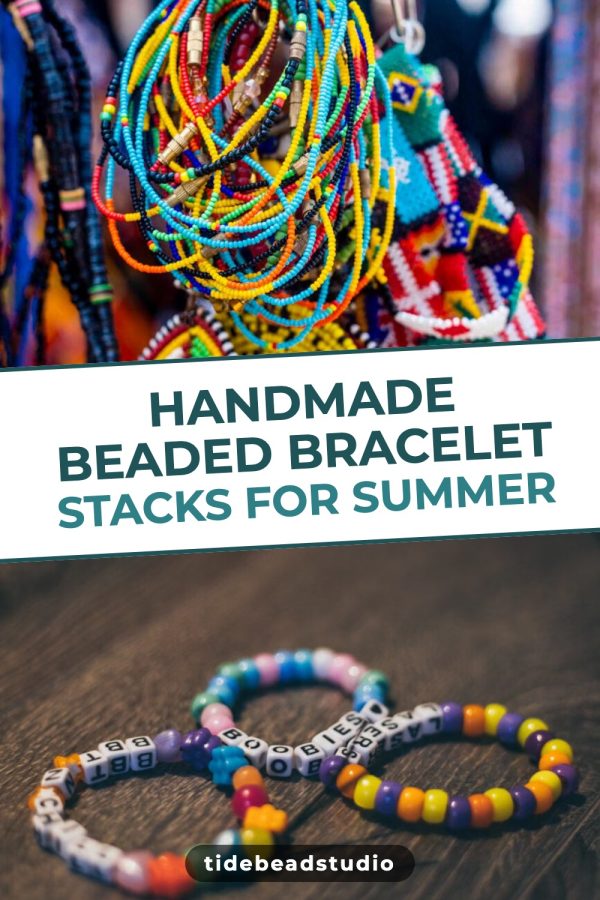 Tilted Band Etsy Pinterest Templates example: a jewelry pin titled "Handmade Beaded Bracelet Stacks for Summer"