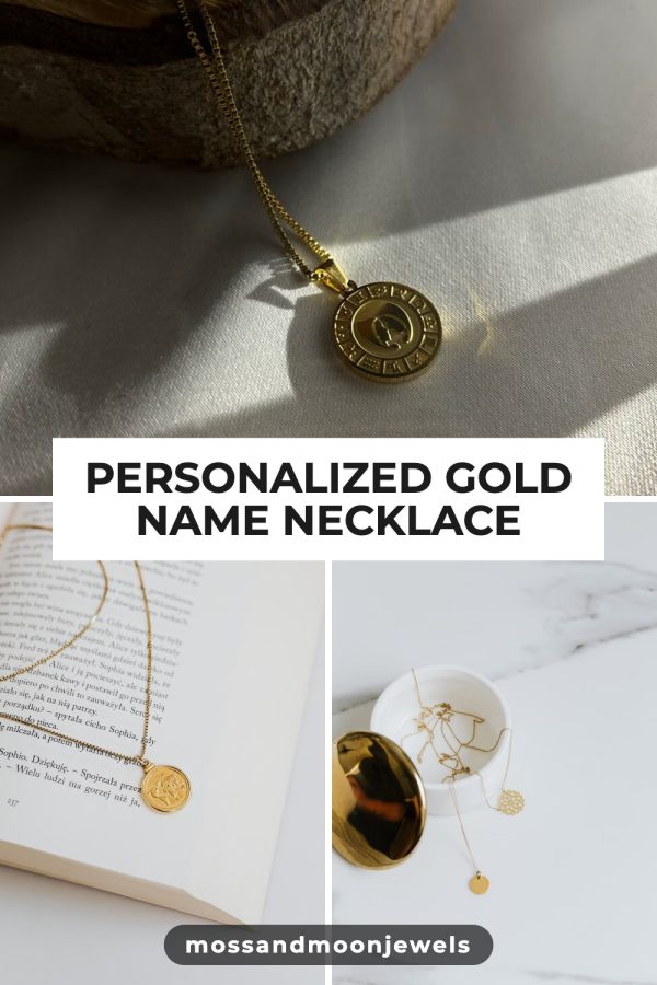 Script + Caps + Strip Etsy Pinterest Templates example: a jewelry pin titled "Personalized Gold Name Necklace"