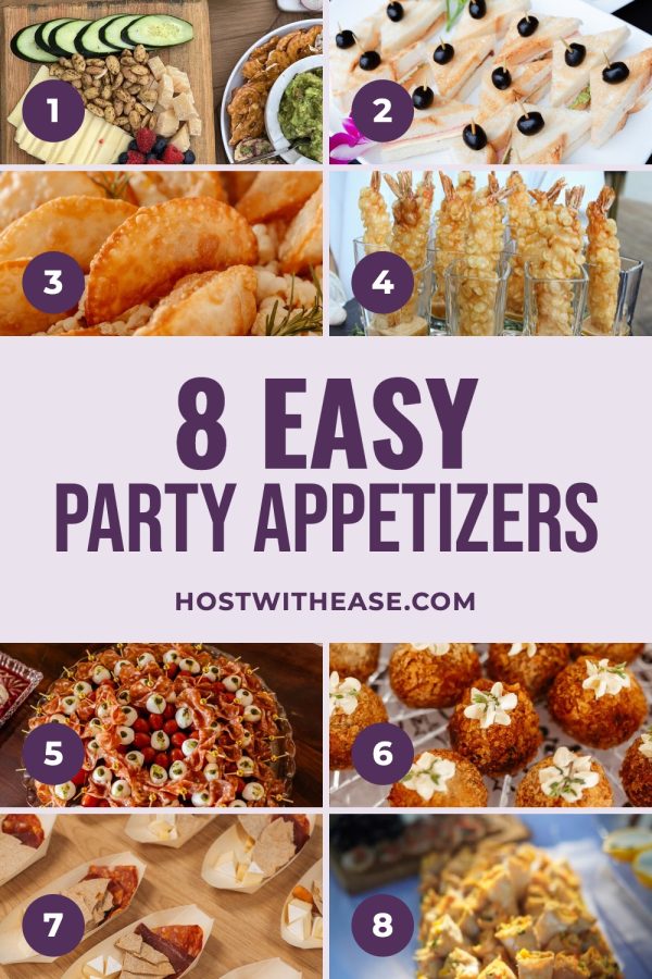 Numbered Photo Grid Pinterest Templates for Food Bloggers example: a recipe roundup pin titled "8 Easy Party Appetizers"