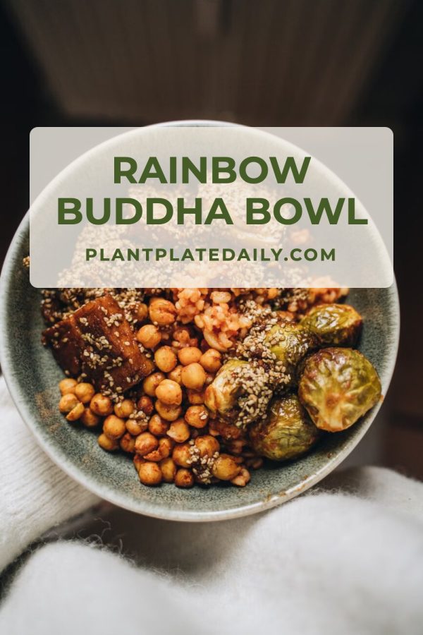 Minimal Centered Title Pinterest Templates for Food Bloggers example: a healthy recipe pin titled "Rainbow Buddha Bowl"