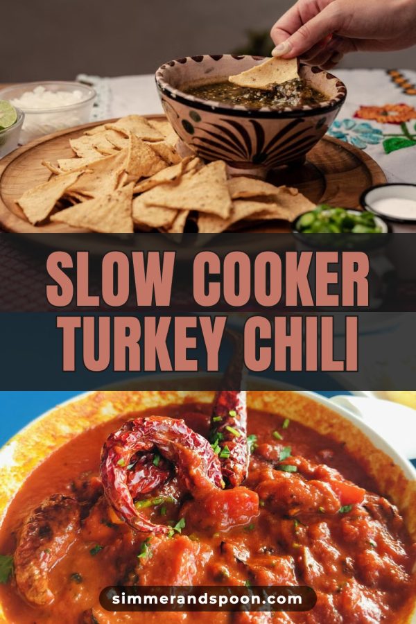 Dark Band + Outlined Caps Pinterest Templates for Food Bloggers example: a recipe pin titled "Slow Cooker Turkey Chili"
