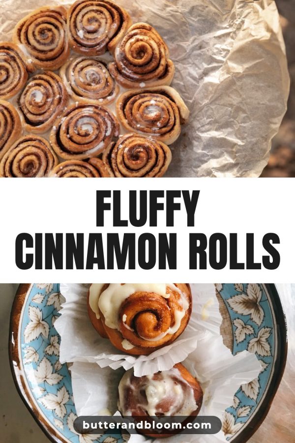 Sticker Script Band Pinterest Templates for Food Bloggers example: a baking pin titled "Fluffy Cinnamon Rolls"