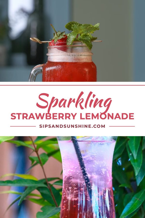 Ruled Script Band Pinterest Templates for Food Bloggers example: a drinks pin titled "Sparkling Strawberry Lemonade"
