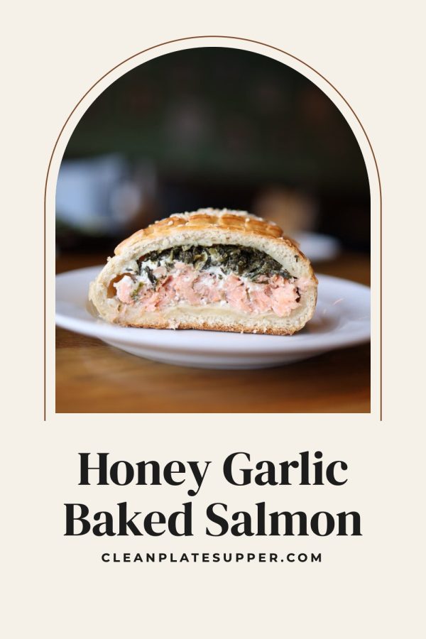 Arch Frame Pinterest Templates for Food Bloggers example: a recipe pin titled "Honey Garlic Baked Salmon"