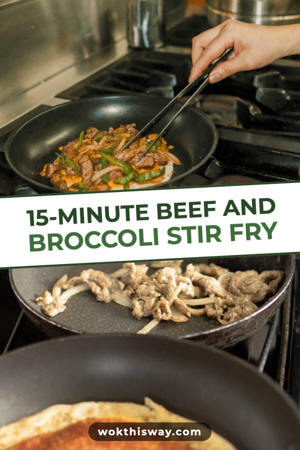 Tilted Band Pinterest Templates for Food Bloggers example: a recipe pin titled "15-Minute Beef and Broccoli Stir Fry"