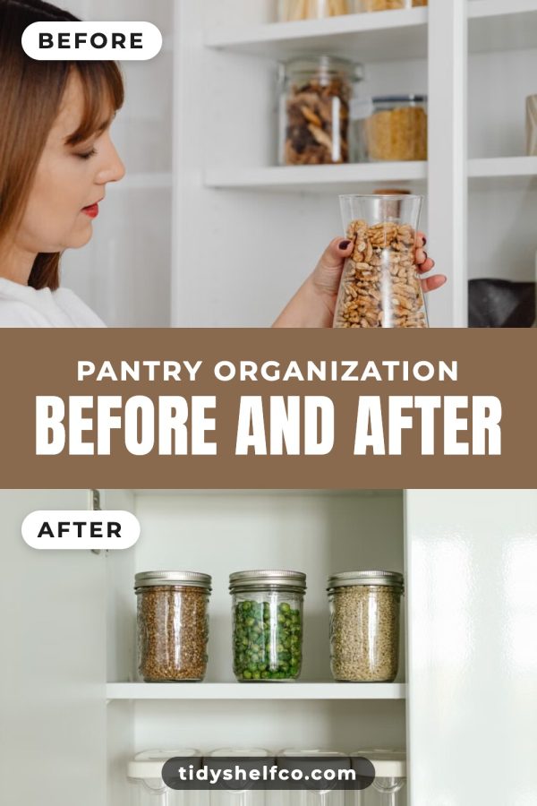 Before / After Free Pinterest Templates example: a organization pin titled "Pantry Organization Before and After"