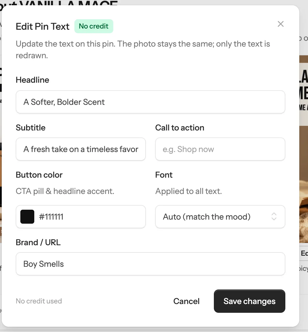 The Edit Pin Text window with the headline, subtitle, call to action, colour, font and brand name