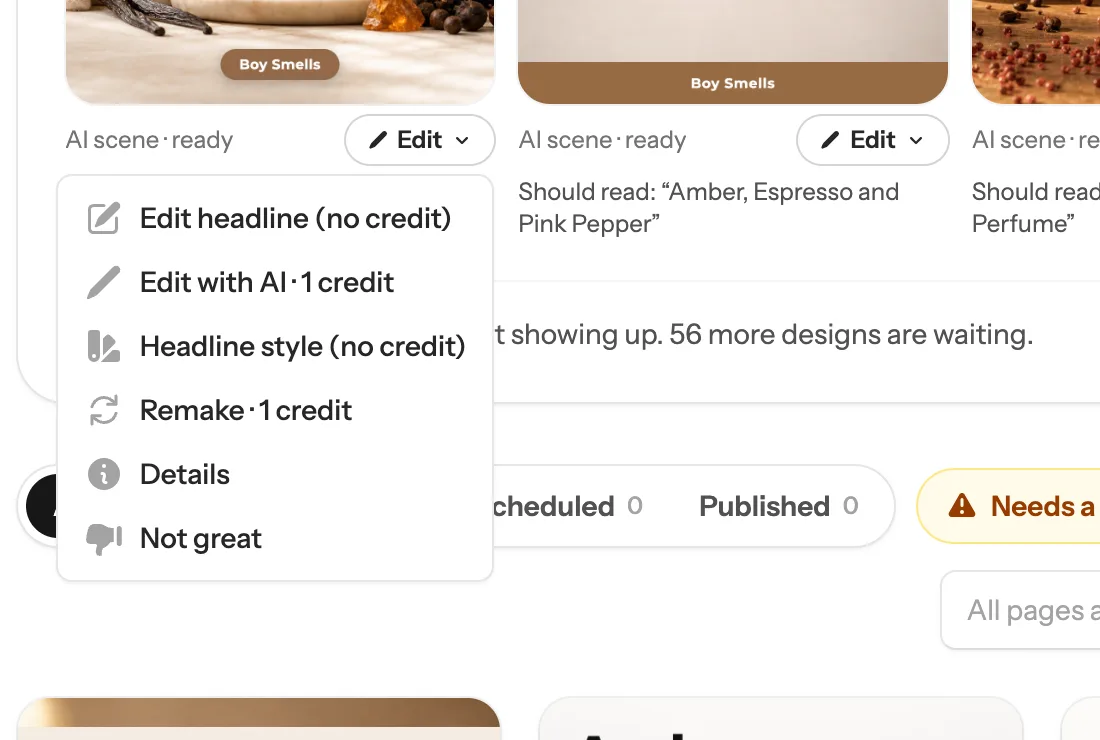 The Edit menu under an AI pin: Edit headline (no credit), Edit with AI, Headline style (no credit), Remake, Details and Not great