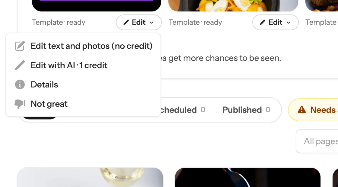 The Edit menu under a template pin: Edit text and photos (no credit), Edit with AI, Details and Not great