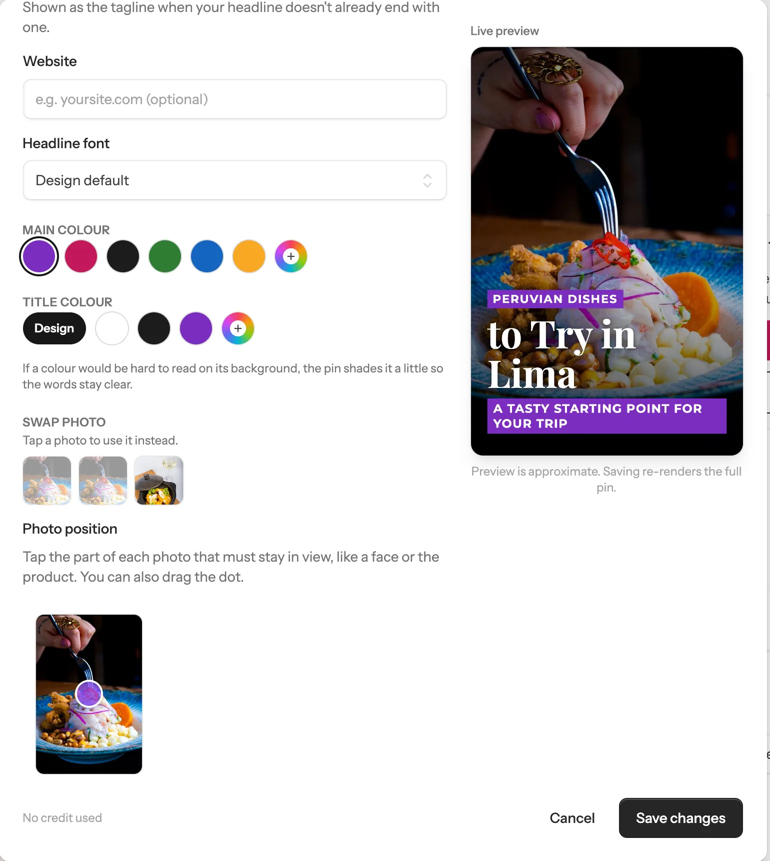 Further down in the Edit Pin window: colours, Swap photo, Photo position and the Save changes button