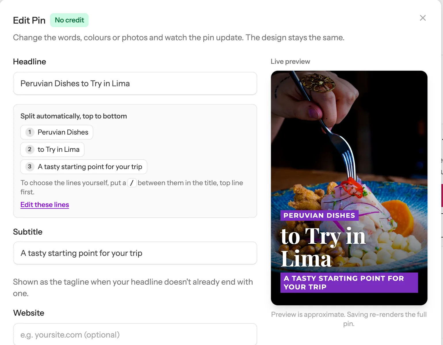 The Edit Pin window: the headline changed to Peruvian Dishes to Try in Lima, and the live preview showing the new words