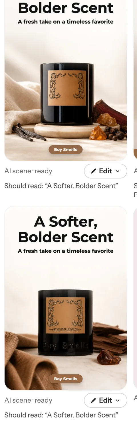 The original candle pin and, below it, the remade pin with the same headline in a new photo
