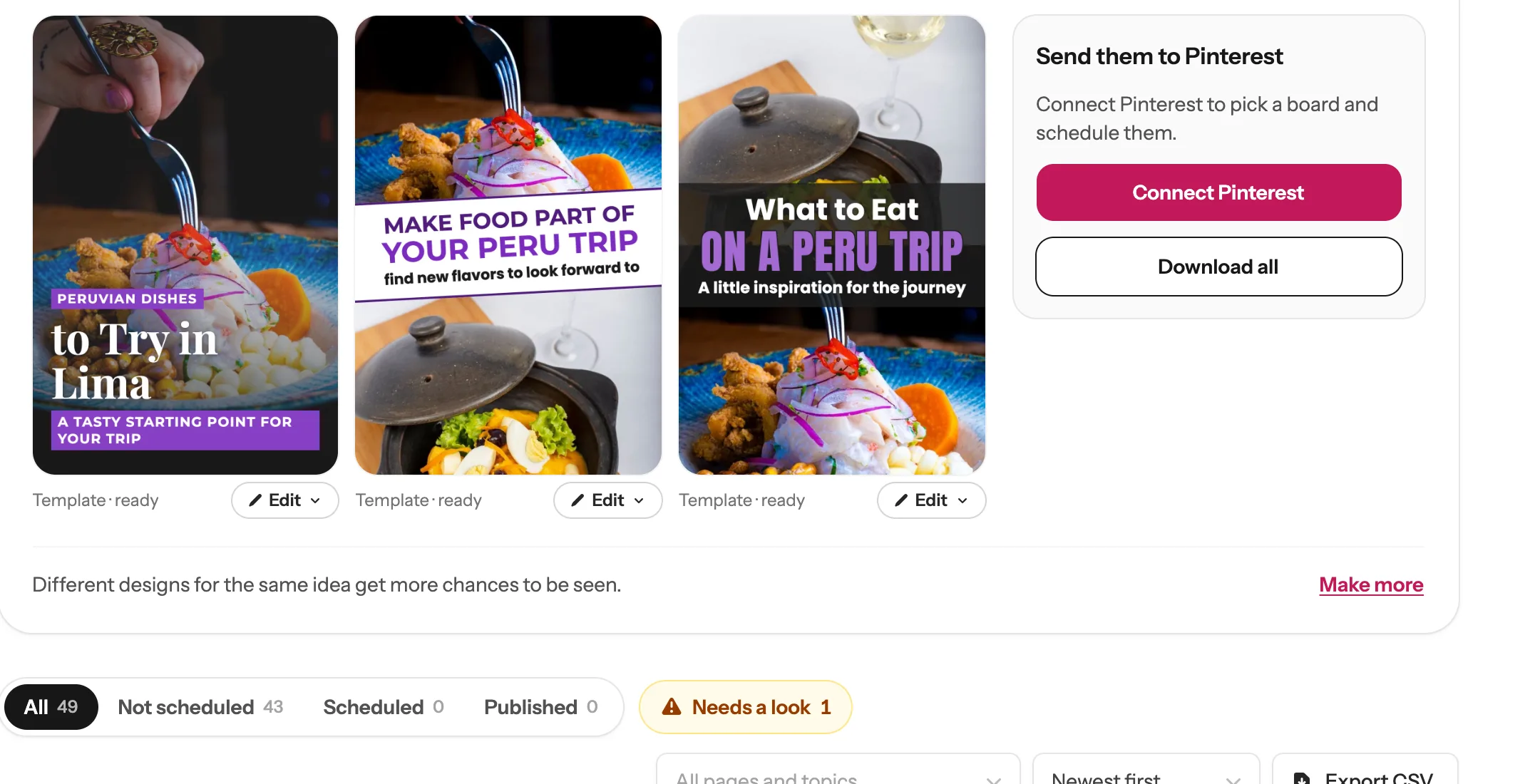 The first pin now reads Peruvian Dishes to Try in Lima