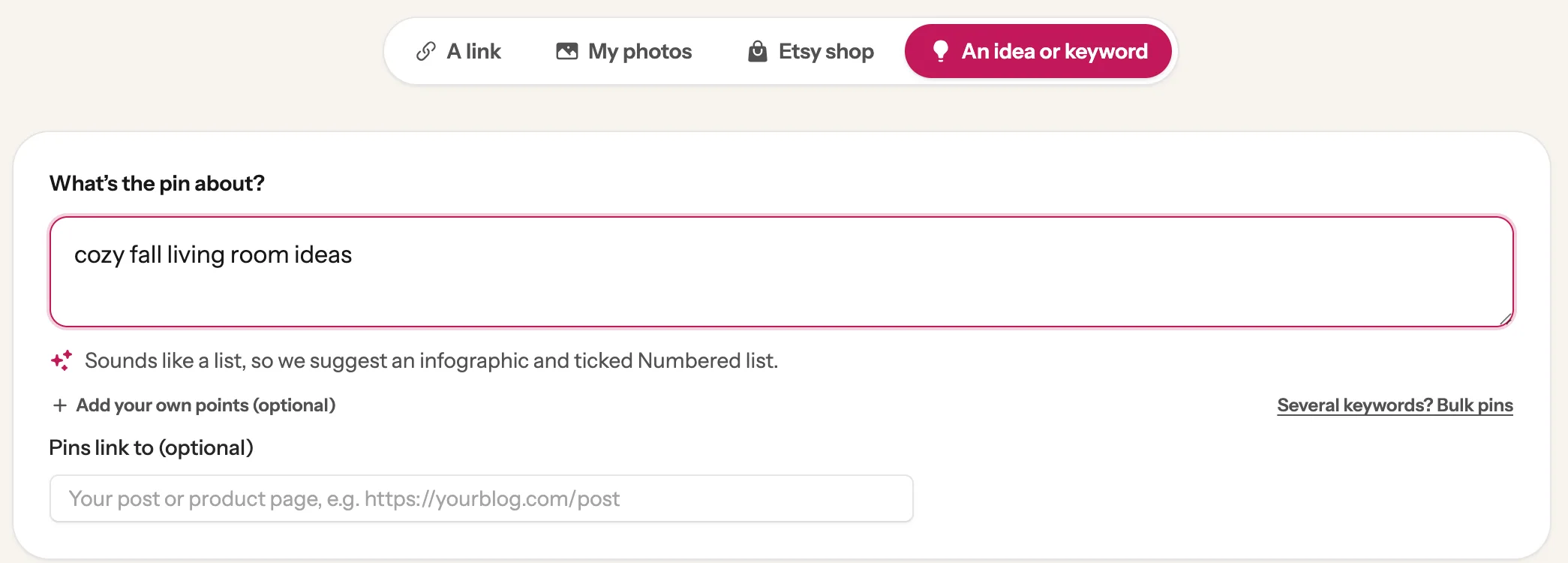 The keyword box with cozy fall living room ideas typed in, and the optional link box below