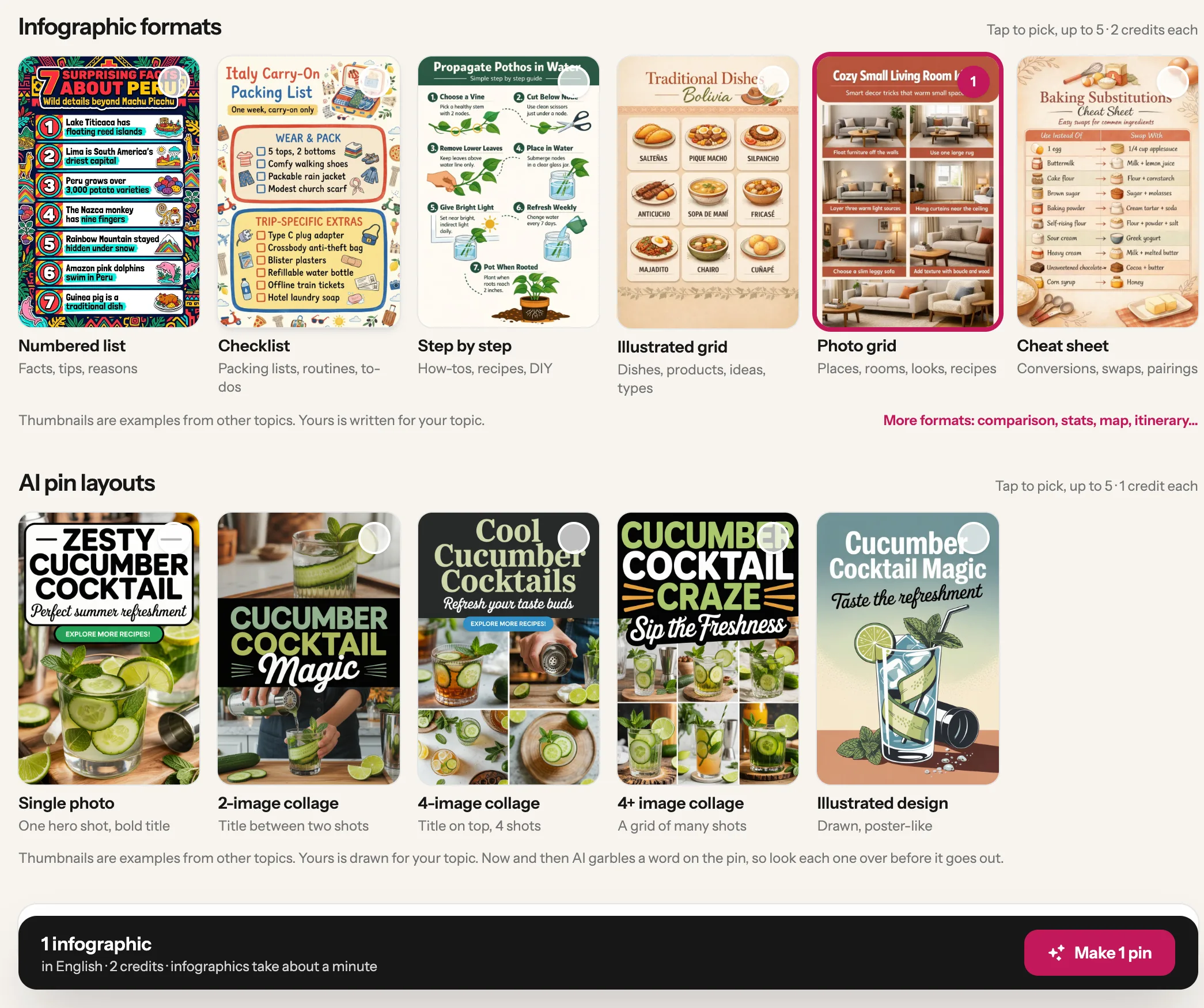 The Infographic formats and AI pin layouts groups, with Photo grid ticked, and the Make 1 pin button