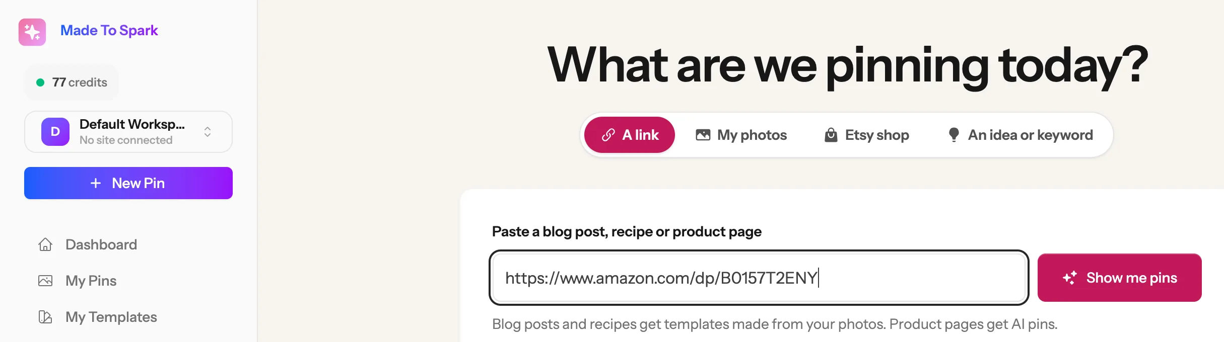 The New Pin page in Made to Spark with an Amazon link pasted into the box