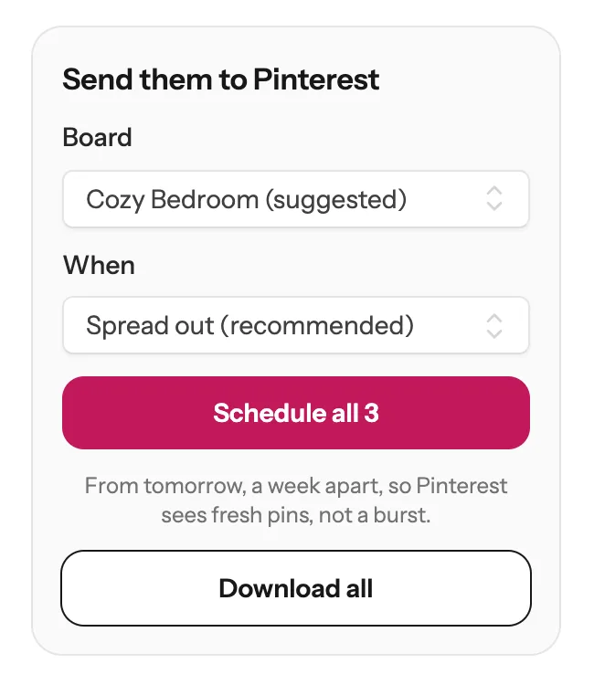 After connecting: a Board box with a suggested board, a When box set to Spread out (recommended), and a Schedule all 3 button