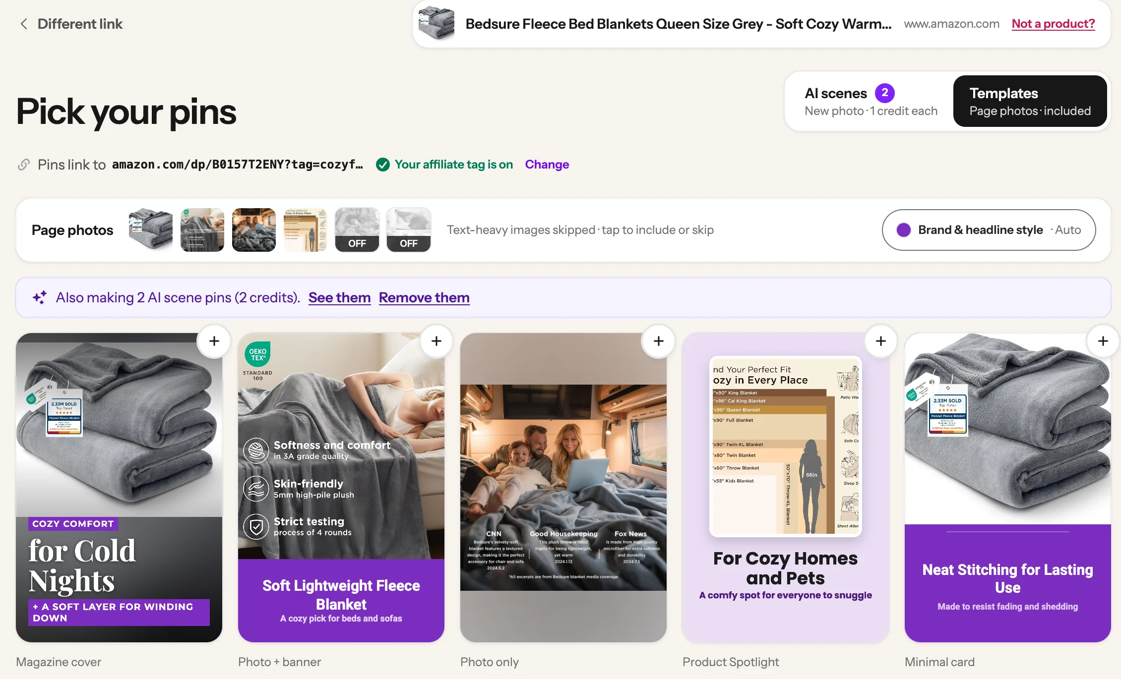 The Templates tab on the pick screen, showing pin designs made from the Amazon product photos and a note about the AI scene pins
