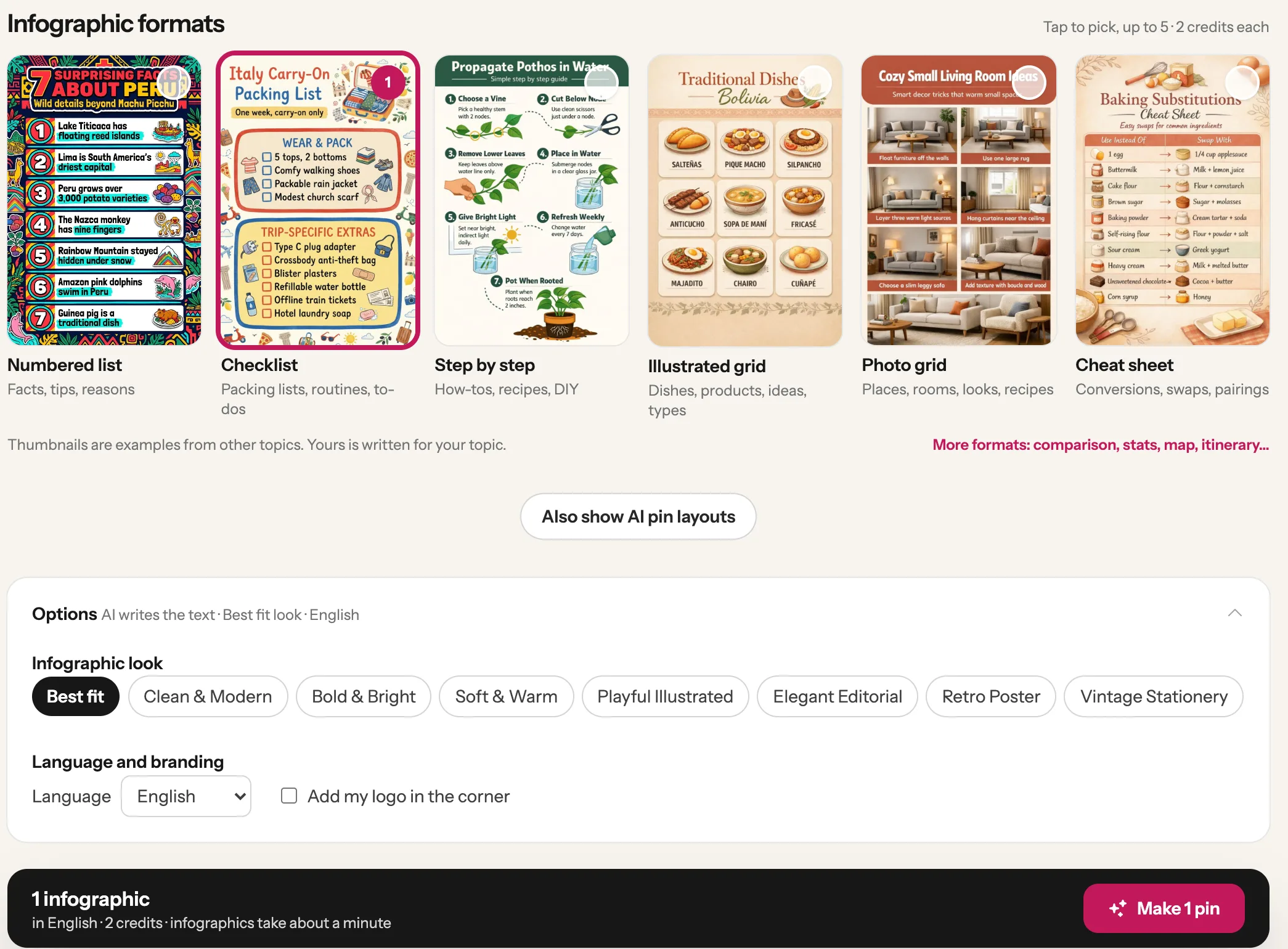 The infographic formats with Checklist chosen, the Options box open, and the Make 1 pin button