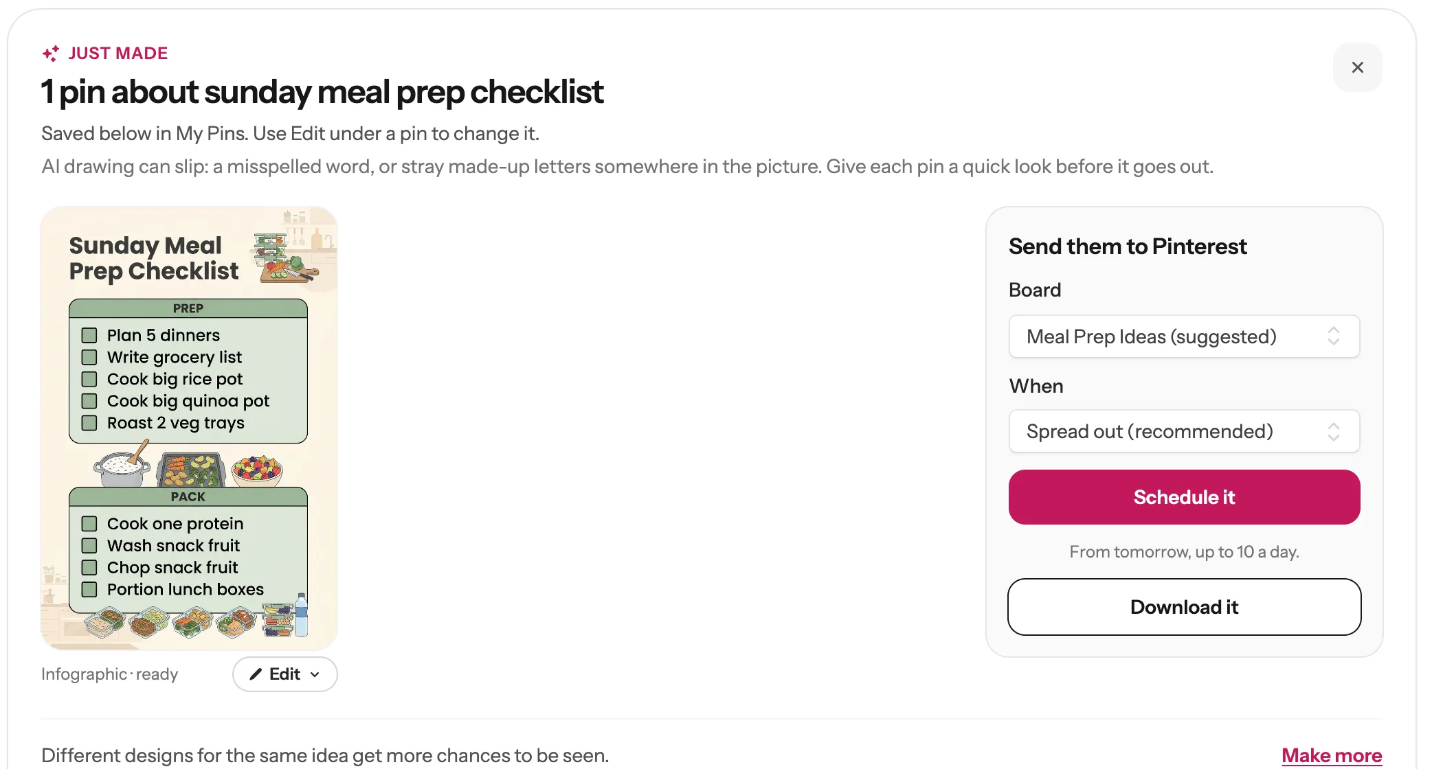 The finished Sunday Meal Prep Checklist infographic in the Just made box