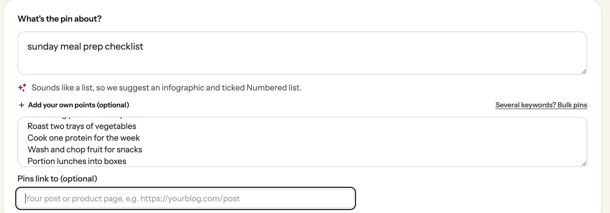 The topic box with sunday meal prep checklist typed in, our own points below it, and the optional link box