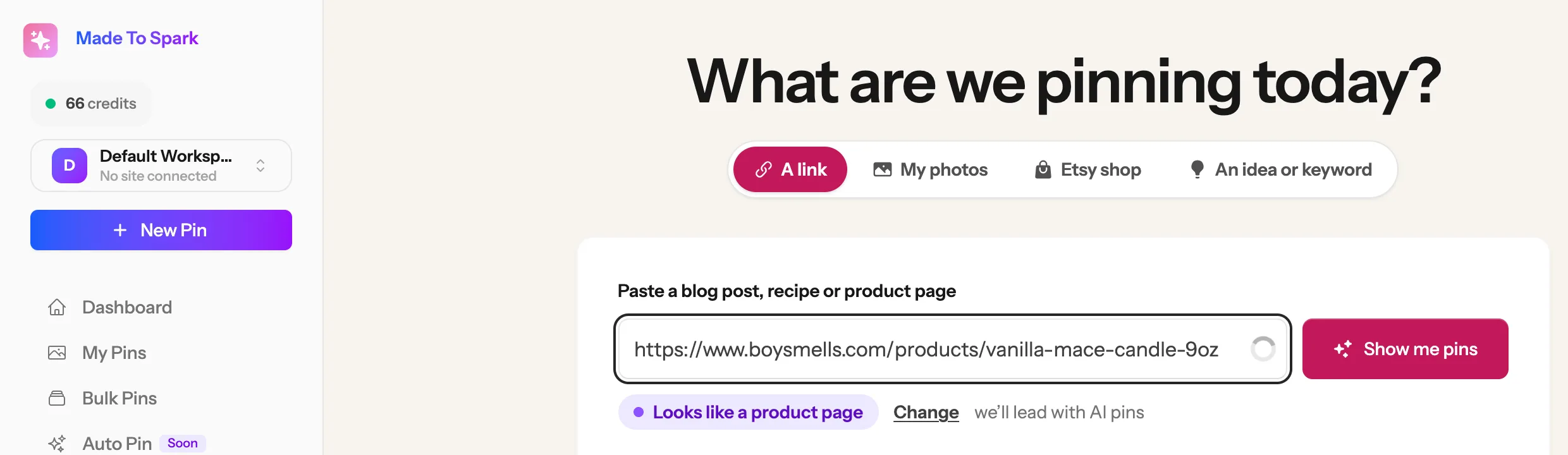 The New Pin page with a Shopify product link pasted into the box and the note Looks like a product page