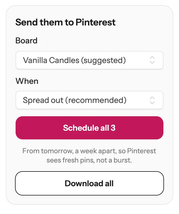 After connecting: the Vanilla Candles board suggested, When set to Spread out (recommended), and a Schedule all 3 button
