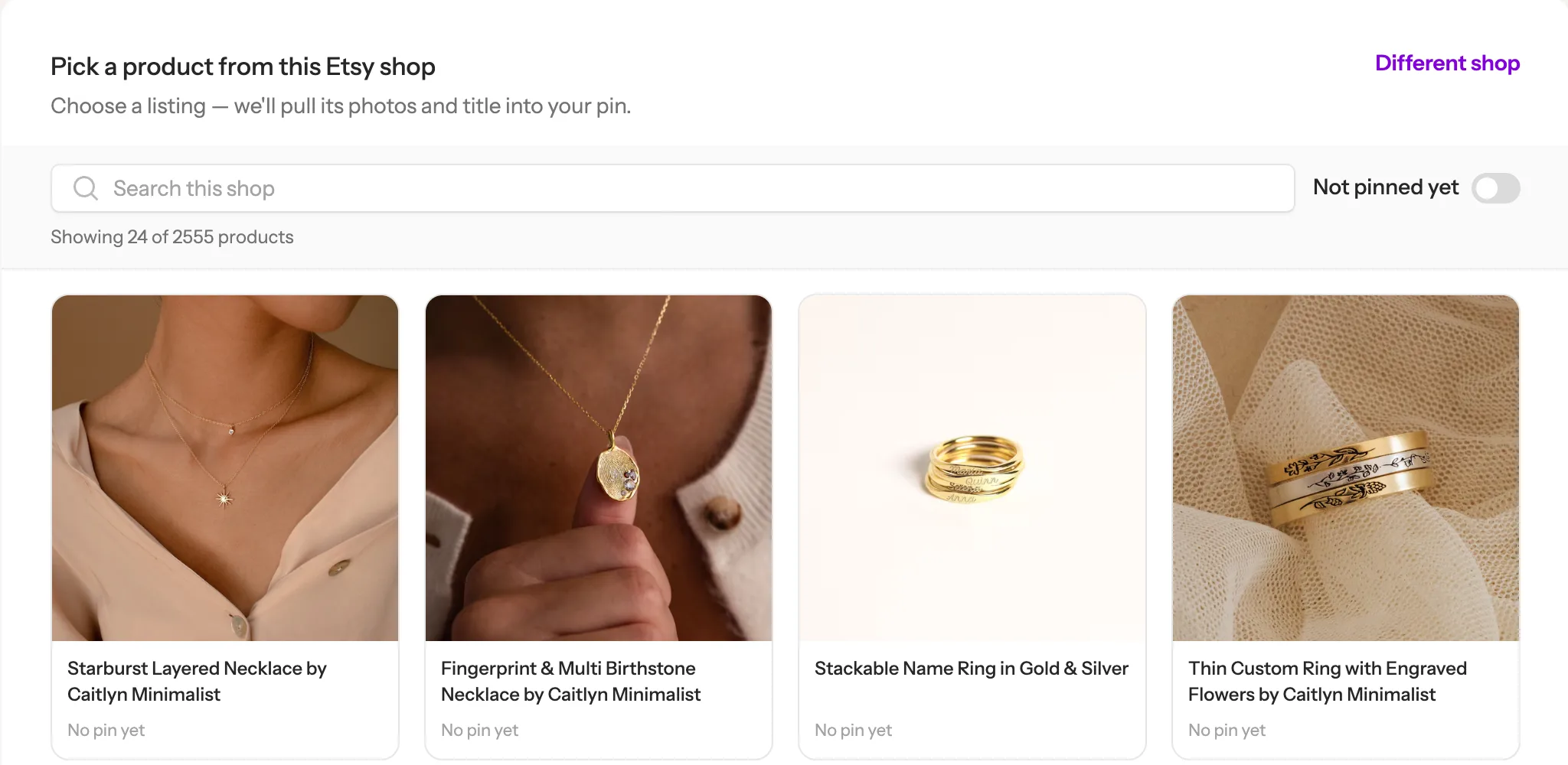 The listings of an Etsy shop with photos, a search box and a Not pinned yet switch