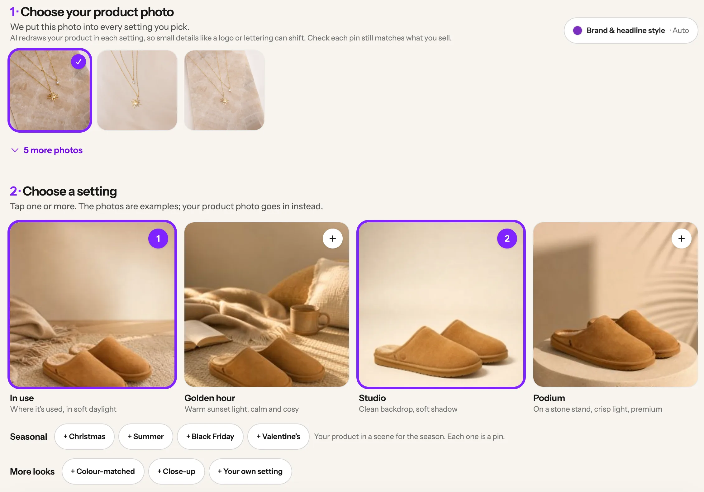 The listing photos with the chosen one ticked, then setting cards: In use, Golden hour, Studio and Podium, and the Seasonal and More looks chips