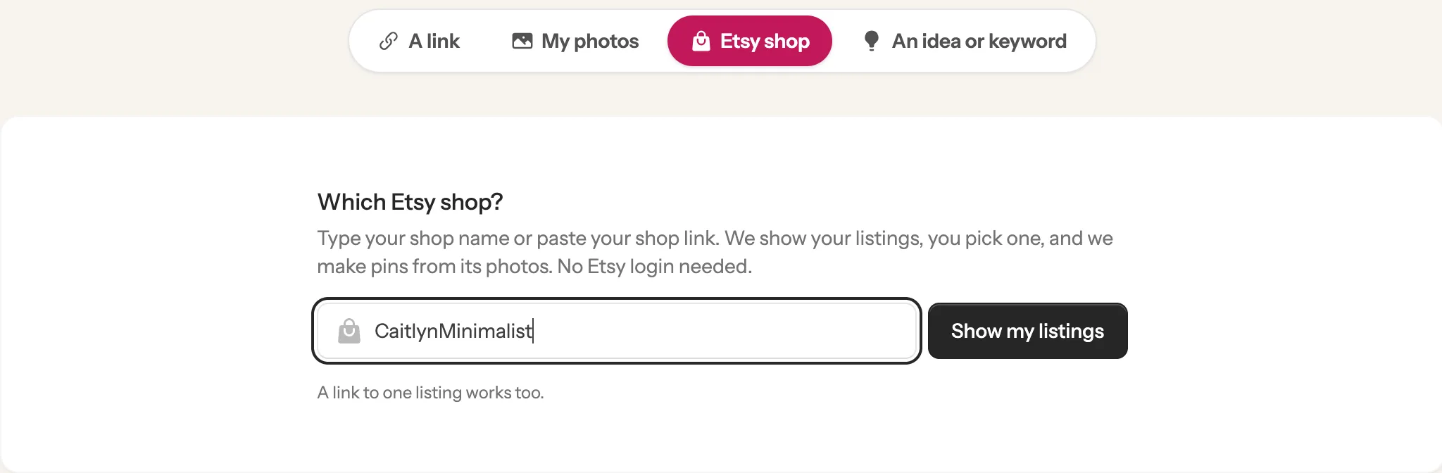 The Etsy shop tab with a shop name typed in and the Show my listings button