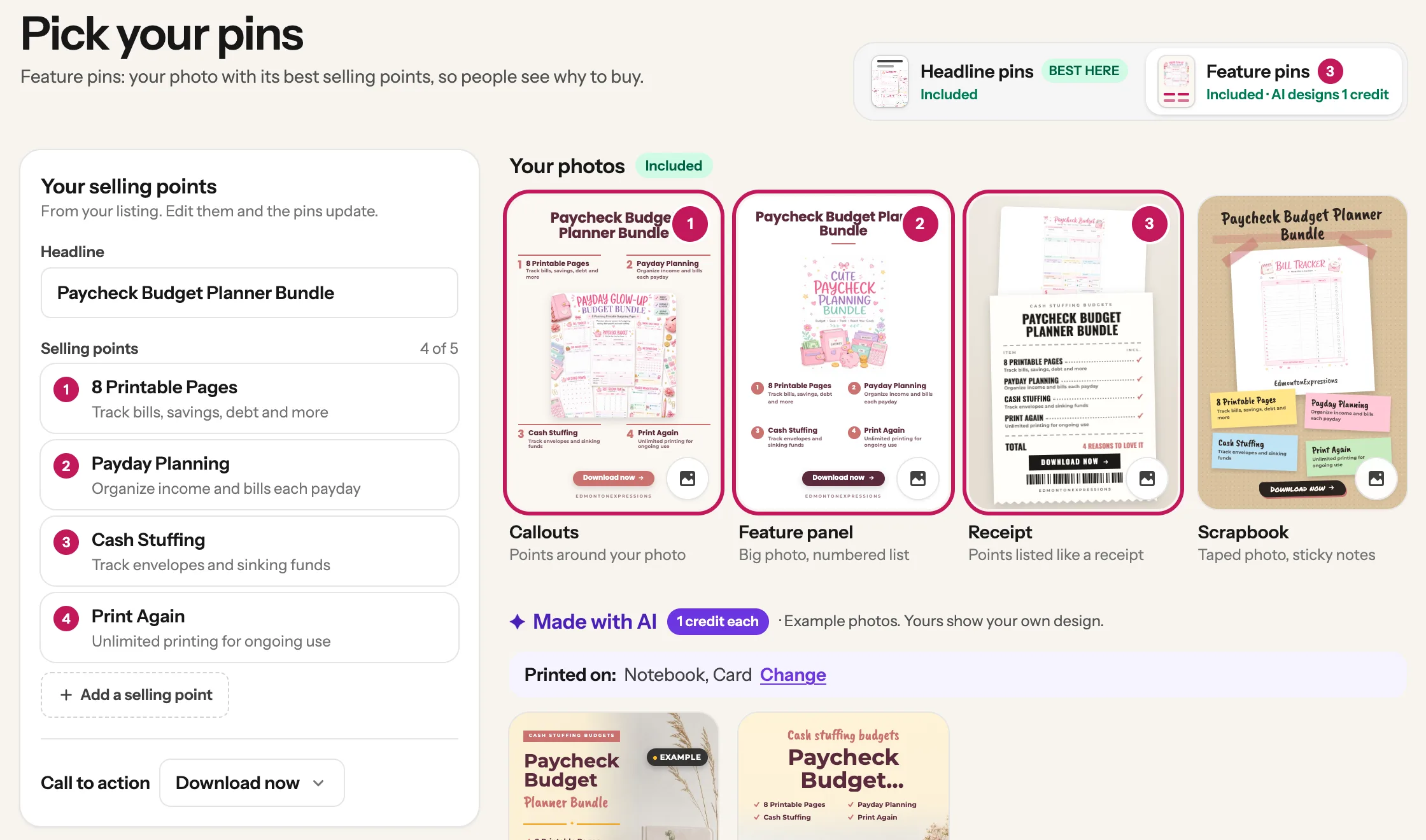 The Feature pins tab: the selling points panel with four points, Call to action set to Download now, and the Callouts, Feature panel and Receipt designs picked