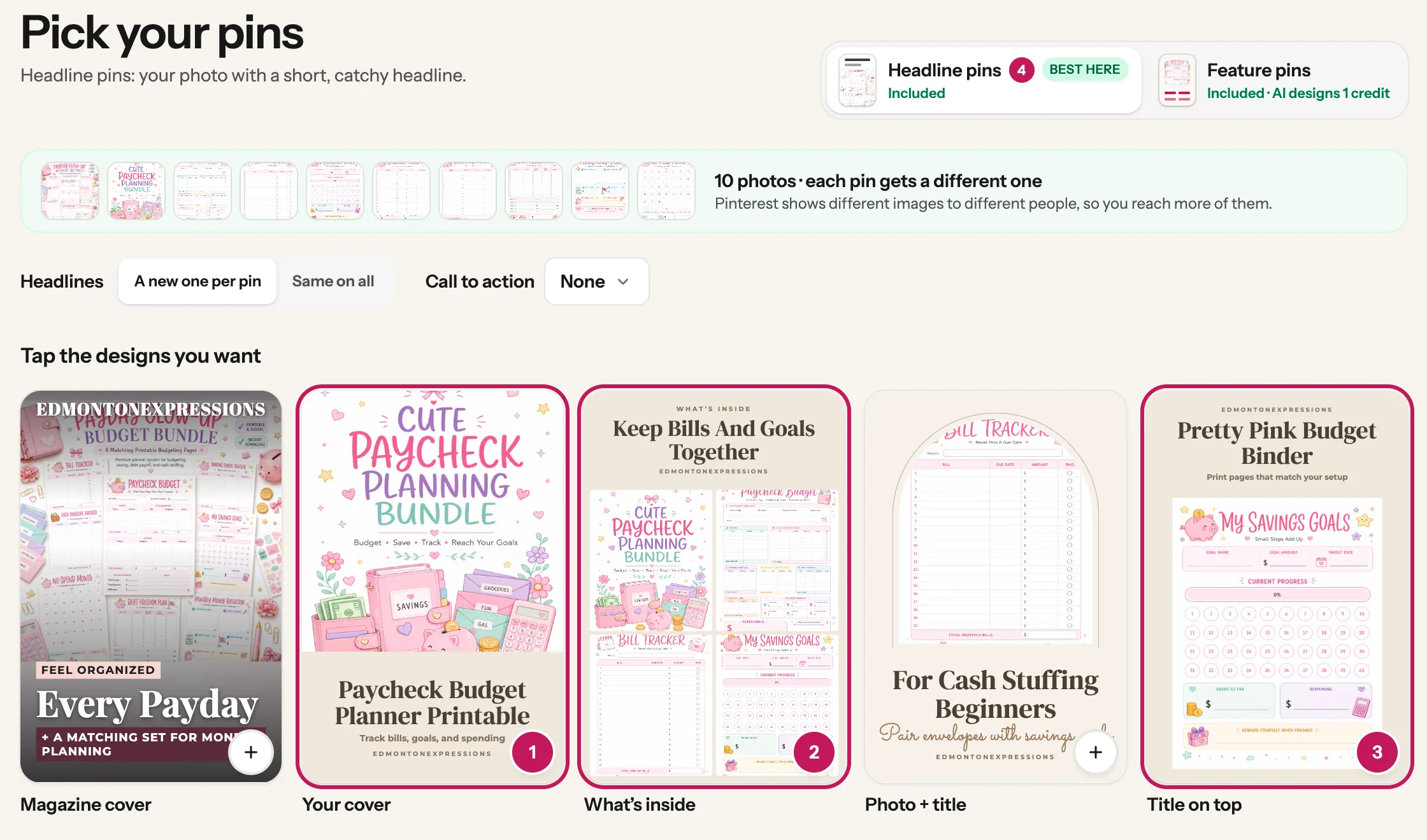 The Headline pins tab with Your cover, What’s inside and Title on top picked for a budget planner printable