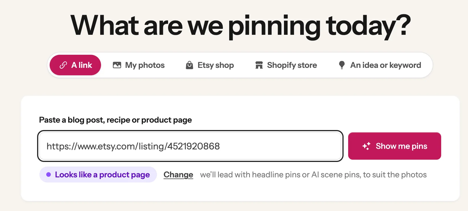The New Pin page with an Etsy printable link pasted and the Show me pins button