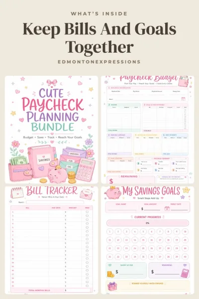 Pinterest pin for a budget planner printable, Saves: What’s inside