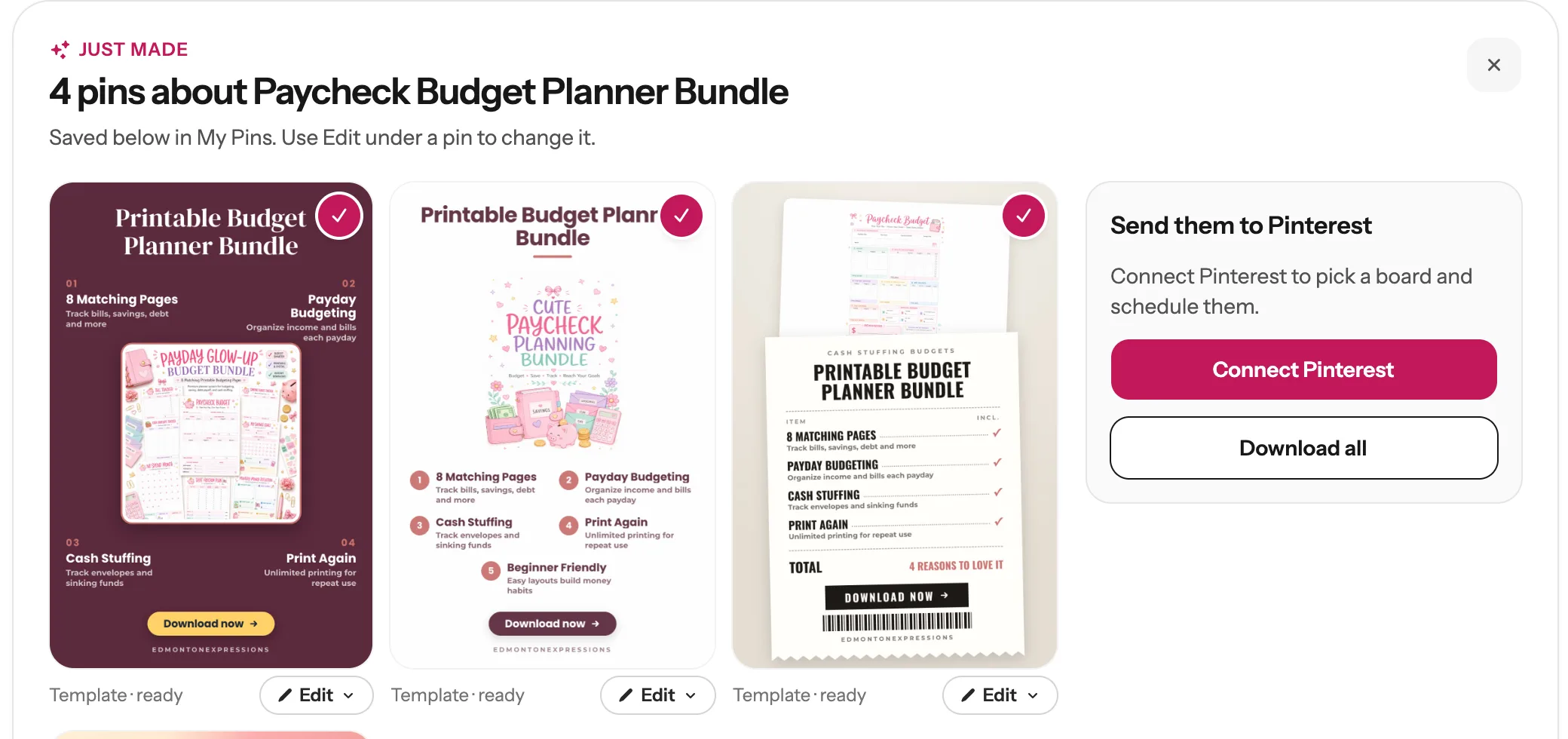 The Just made panel with Callouts, Feature panel and Receipt pins for the budget planner, and the Send them to Pinterest box